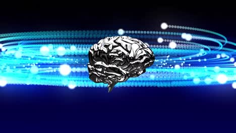 Human-brain-icon-spinning-against-blue-glowing-light-trails-on-blue-background