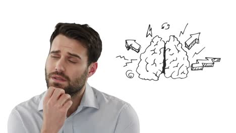 Thoughtful-caucasian-man-against-brain-icon-with-copy-space-on-white-background