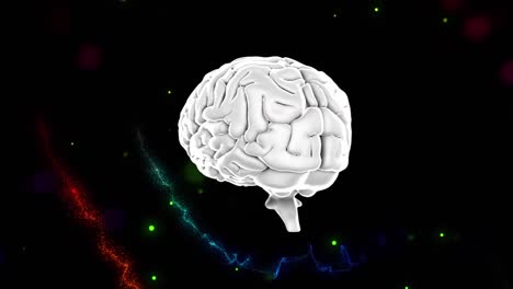 Human-brain-icon-spinning-against-colorful-spots-of-light-and-digital-waves-on-black-background