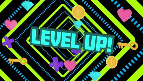 Animation-of-level-up-text-over-moving-shapes-on-black-background
