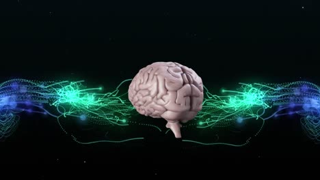 Human-brain-spinning-against-green-and-blue-digital-waves-on-black-background