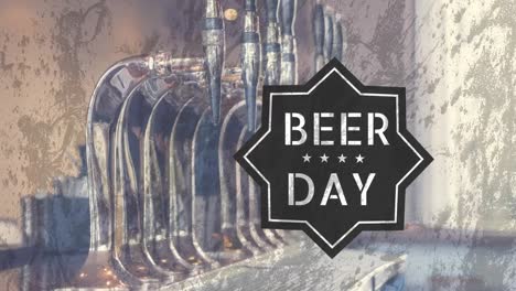 Beer-day-text-banner-against-grunge-effect-overlay-over-close-up-of-beer-taps-in-a-bar