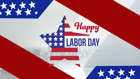 Animation-of-happy-labor-day-text-and-american-flag-over-cityscape