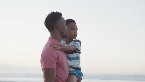 African-american-father-carrying-his-son-on-sunny-beach
