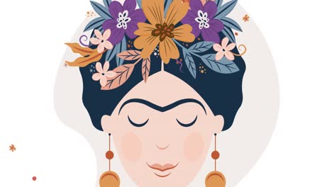 Animation-of-face-of-woman-with-flowers-on-white-background