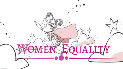 Animation-of-girl-and-clouds-over-women-equality-text