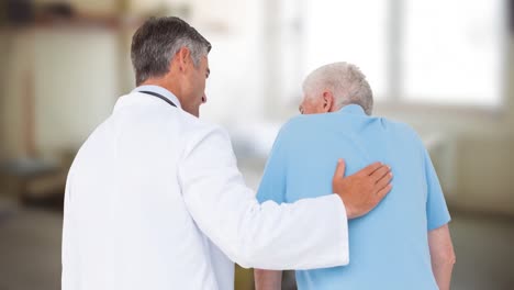 Animation-of-senior-caucasian-male-patient-with-caucasian-male-doctor-over-hospital