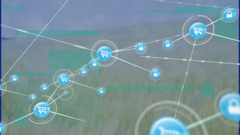 Animation-of-network-of-connections-with-icons-over-grass