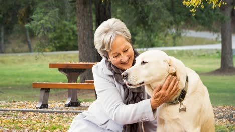 Animation-of-happy-senior-caucasian-woman-with-dog-over-park