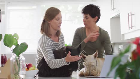 Caucasian-lesbian-couple-with-their-dogs-talking-to-each-other-at-home