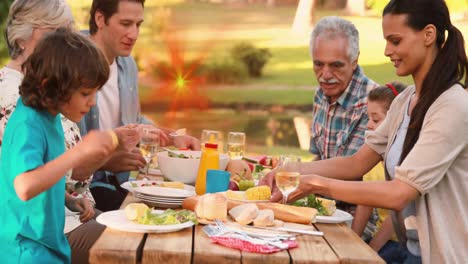 Animation-of-light-spots-over-caucasian-family-eating-dinner-outdoors