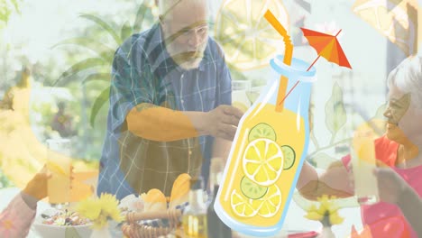 Animation-of-lemonade-icon-over-caucasian-family-drinking-lemonade