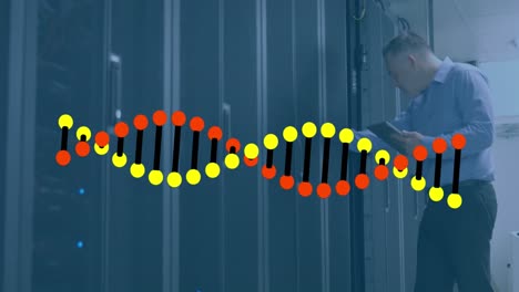 Animation-Eines-DNA-Strangs-über-Einem-Kaukasischen-Männlichen-Arbeiter,-Der-Den-Serverraum-Inspiziert