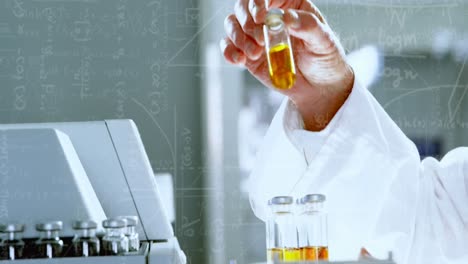 Animation-of-chemical-formulas-over-hands-of-caucasian-male-lab-worker-with-sample