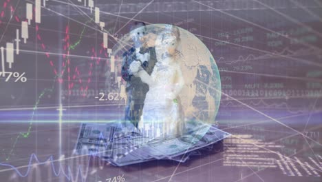 Animation-of-financial-data-processing-and-binary-coding-over-newly-weds,-dollars-and-globe