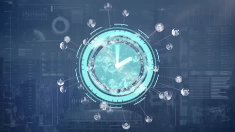 Animation-of-moving-clock-with-icons-over-navy-background