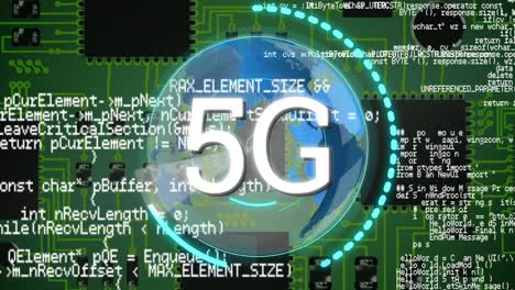 Animation-of-5g,-globe,-data-processing-over-integrated-circuit