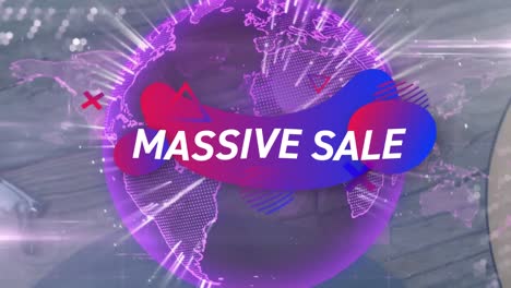 Animation-of-massive-sale-over-purple-globe-and-desk