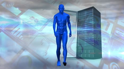 Animation-of-digital-screens-and-human-walking-over-server