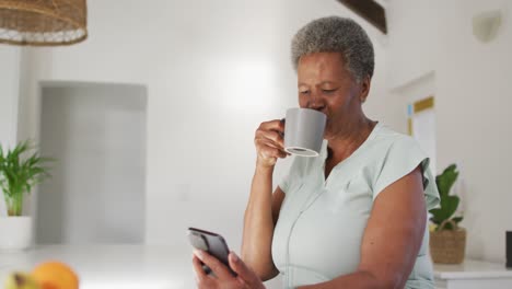 Feliz-Anciana-Afroamericana-Usando-Un-Teléfono-Inteligente-En-Casa