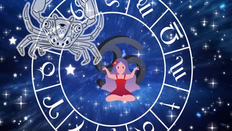 Animation-of-horoscope-symbols-over-stars-on-blue-background