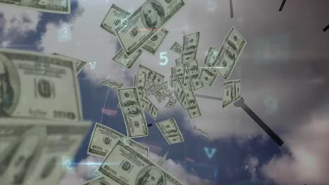Animation-of-data-processing-over-clouds-and-banknotes