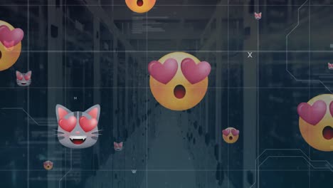 Animation-Der-Datenverarbeitung-Und-Emoji-Symbole-über-Dem-Serverraum