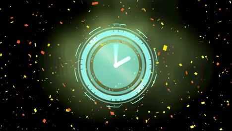 Animation-of-clock-with-confetti-over-black-background