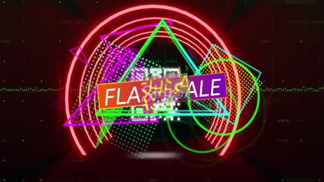 Animation-of-huge-sale-text-over-shapes,-data-processing-and-neon-tunnel