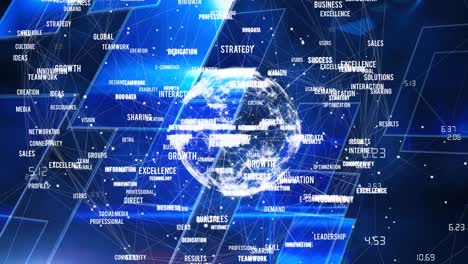 Animation-of-globe-with-business-texts-over-black-background