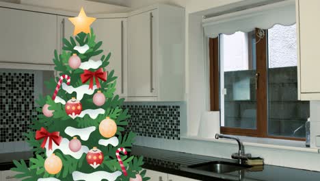 Animation-of-christmas-tree-over-empty-kitchen