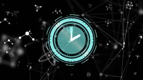 Animation-of-clock-with-network-of-connections-over-black-background