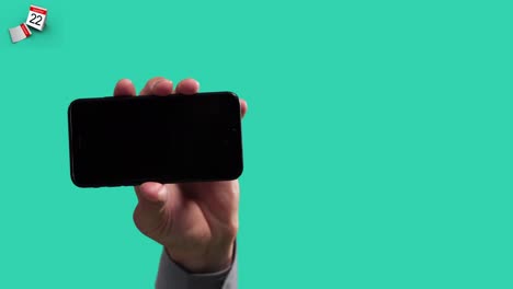 Animation-of-hand-holding-smartphone-on-green-background