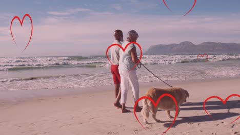 Animation-of-hearts-over-senior-african-american-couple-with-dog-on-sunny-beach