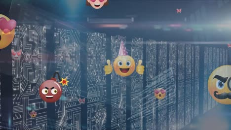 Animation-of-emoji-icons-over-server-room