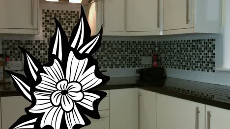Animation-of-flower-icon-over-empty-kitchen