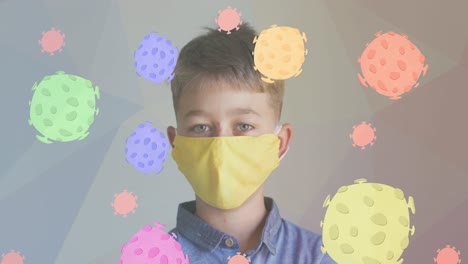 Animation-Von-Viruszellen-über-Einem-Kaukasischen-Jungen-Mit-Gesichtsmaske