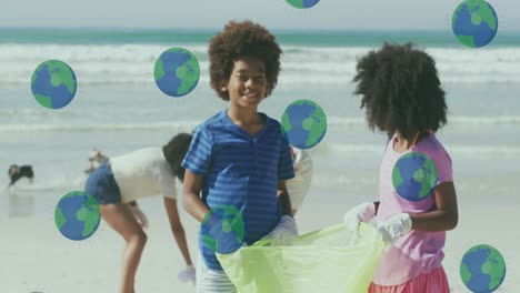 Animation-of-globes-over-happy-african-american-family-picking-waste-on-sunny-beach
