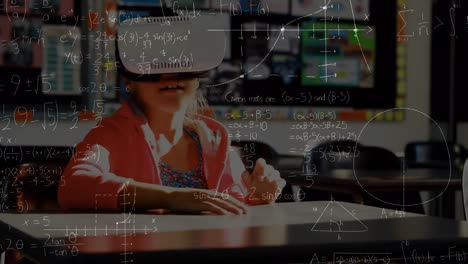 Animation-of-mathematical-equations-over-biracial-schoolgirl-using-vr-headset