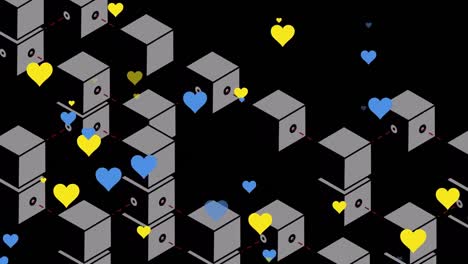 Animation-of-shapes-and-hearts-over-black-background