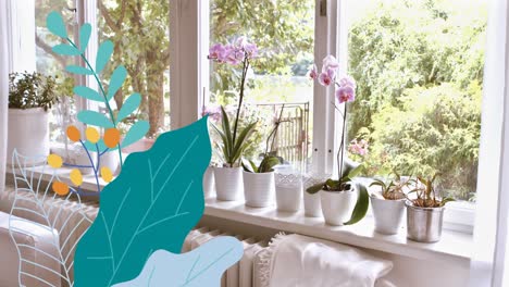 Animation-Des-Blumensymbols-über-Leerem-Wohnzimmer