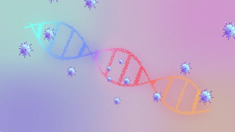 Animation-Von-Covid-19-Zellen,-Die-Sich-über-Einen-Sich-Drehenden-DNA-Strang-Bewegen