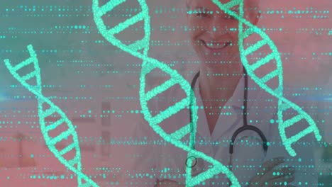 Animation-of-dna-and-green-dots-over-happy-caucasian-female-doctor