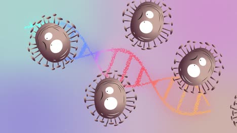 Animation-Von-Covid-19-Zellen-Mit-Sich-Bewegenden-Gesichtern-Und-Sich-Drehendem-DNA-Strang