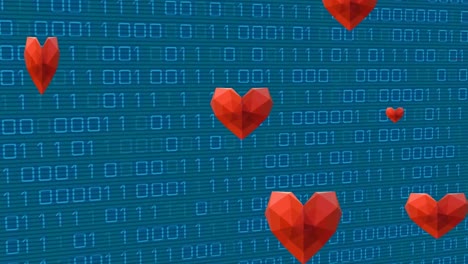 Animation-of-red-hearts-over-binary-coding-on-blue-background