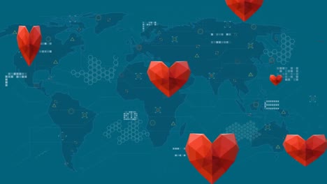 Animation-of-red-hearts-over-world-map-on-blue-background