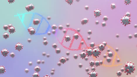 Animation-Von-Covid-19-Zellen-Und-Einem-DNA-Strang,-Der-Sich-Auf-Violettem-Hintergrund-Dreht