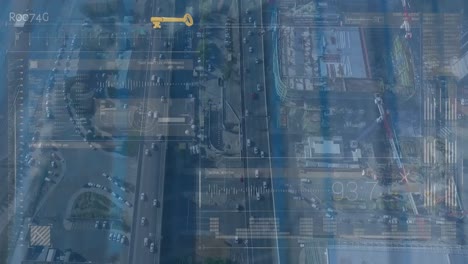 Animation-of-financial-data-over-road-traffic-and-cityscape