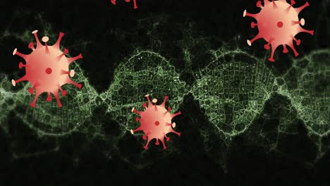 Animation-Von-Covid-19-Zellen,-Die-Sich-über-Einen-Sich-Drehenden-DNA-Strang-Bewegen