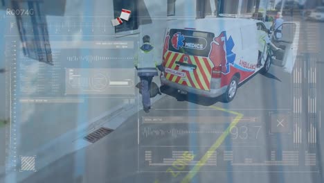 Animation-of-financial-data-over-medics-and-ambulance